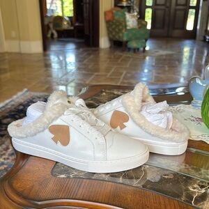 Kate Spade White and Tan Fur-Lined Sneakers